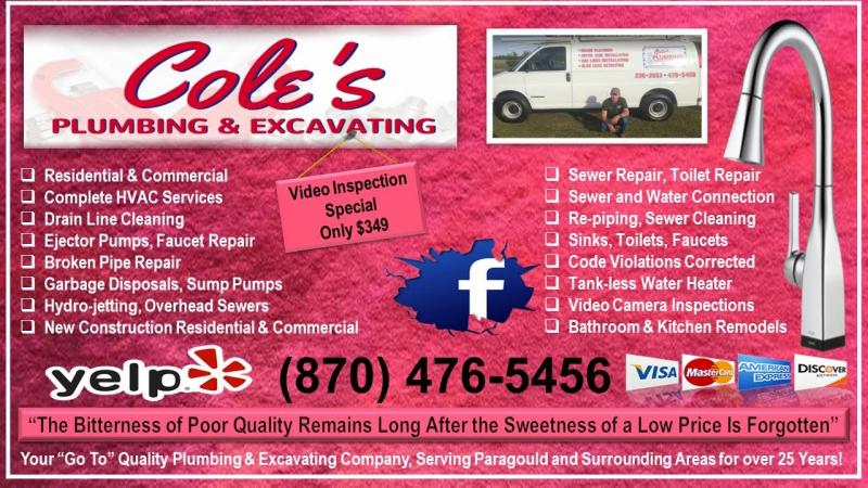 Cole's Plumbing & Excavating listing of services